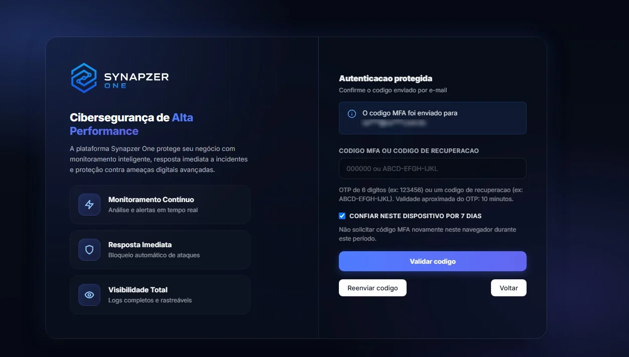 Plataforma do SOC: acesso protegido por MFA